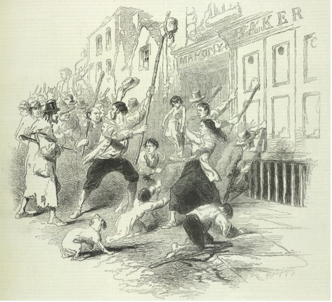 Perusuh di Dungarvan, Irlandia, berusaha memasuki toko roti; orang miskin tak mampu beli pangan yang sebenarnya tersedia/ The Pictorial Times, 1846